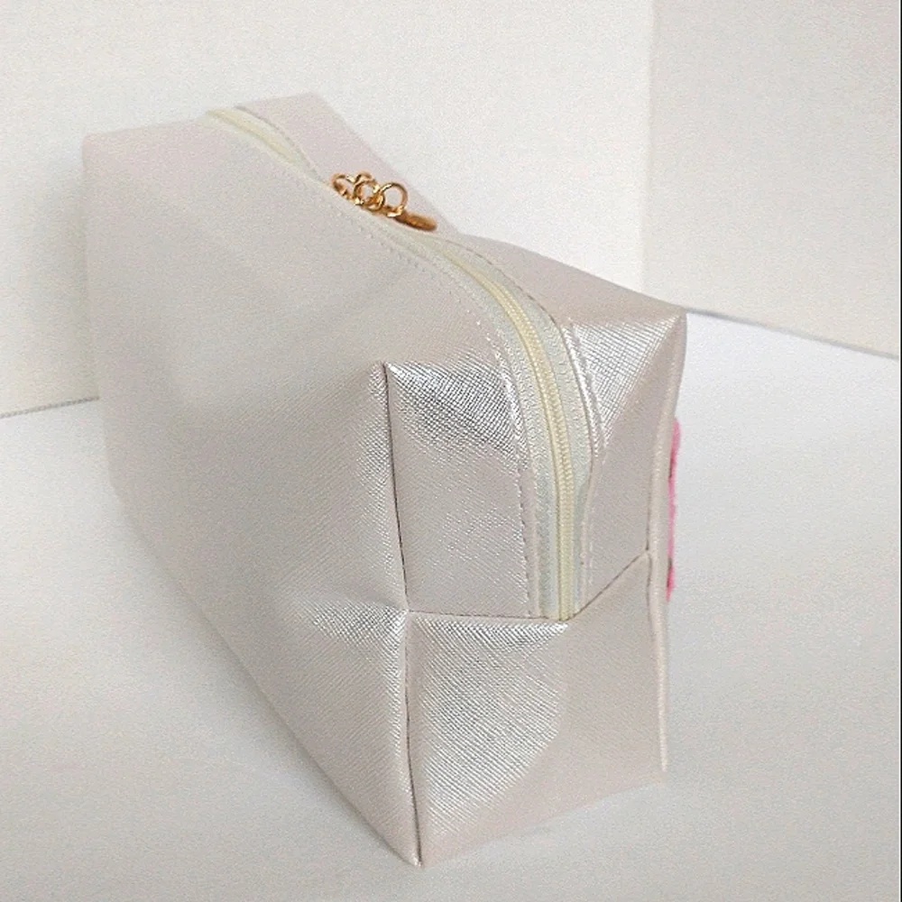 New Chenille Varsity Lettered Makeup / Hair Products Bag - Pearl White/Pink